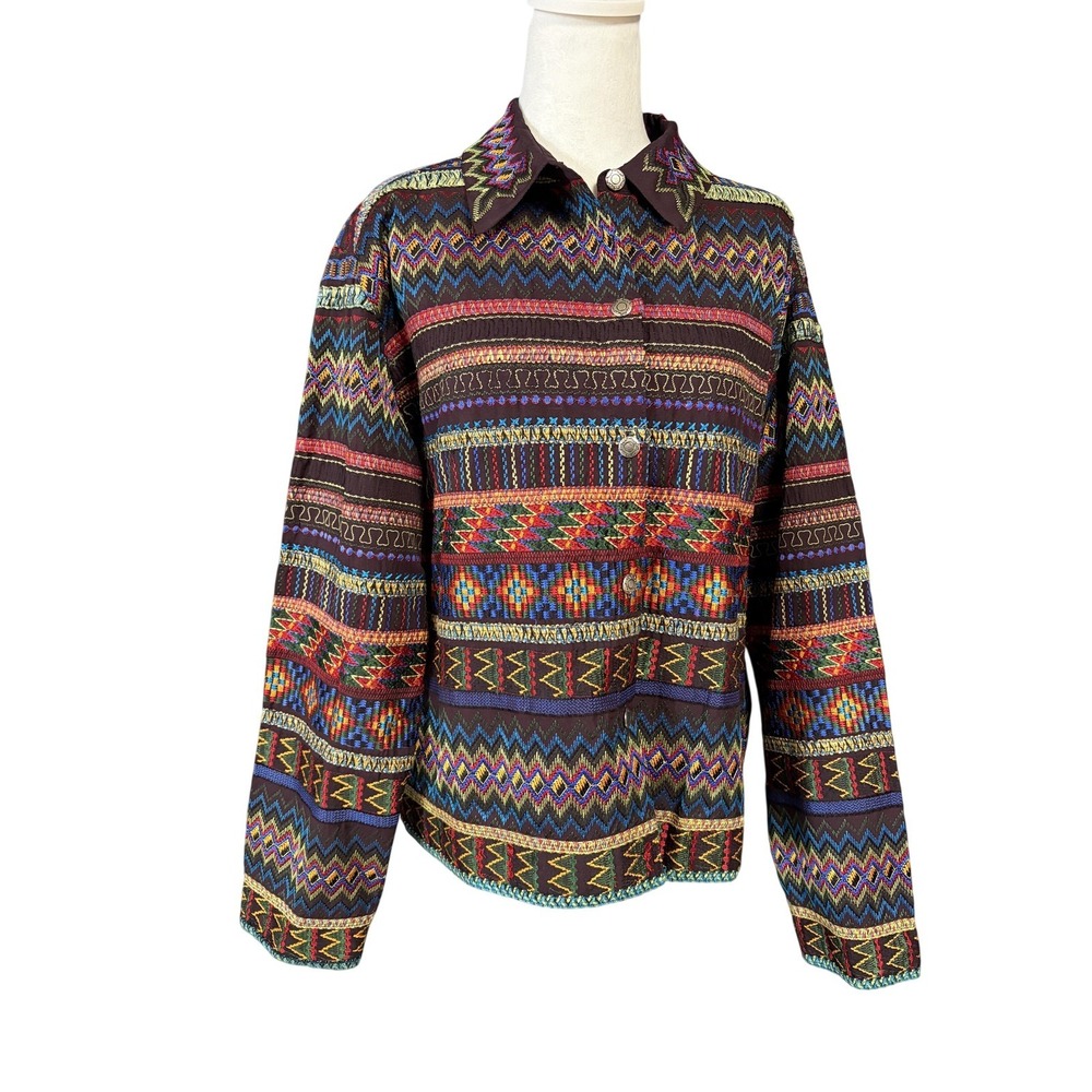 Chico's Design Jacket Womens 3 Multicolor Embroidered Boho Aztec Button Front